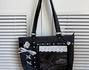 Bolsos de mano ita hechos a mano con diseño de mariposas y encaje en color azul oscuro, con ventana, grandes, con alfileres, para mujer y fiesta de chicas.