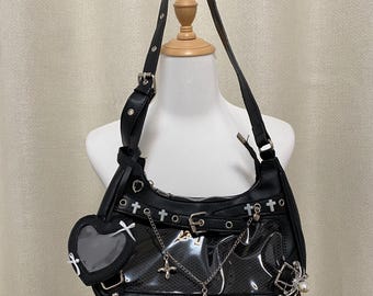 Bolsos Ita súper lindos hechos a mano con remaches y alfileres, bolsos cruzados Y2K, bolsos punk, bolsos góticos, bolsos con ventana para mujeres y niñas.