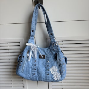 Blaue Farbe handgemachte Remake Umhängetasche Punk Handtasche große Einkaufstasche Y2K BAG niedliche Tasche Ledertasche für Frauen Mädchen Party Schule