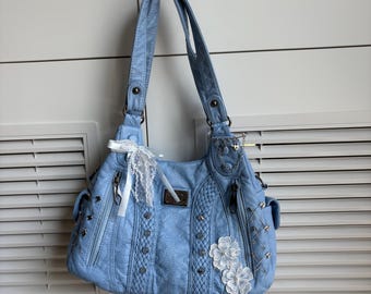 Blue color handmade remake shoulder bag punk handbag large tote bag Y2K BAG cute bag leather bag for women girl party school