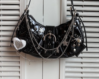 super cute black color handmade remake leather shoulder bag punk leather bags y2k crossbody bags for women girl party bags