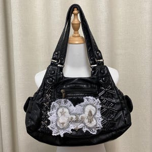 Y2K Handmade Leather Tote Bag Big Lace Bow Shoulder Bag Punk Handbag crossbody bag remake bag  for women girl travel bag