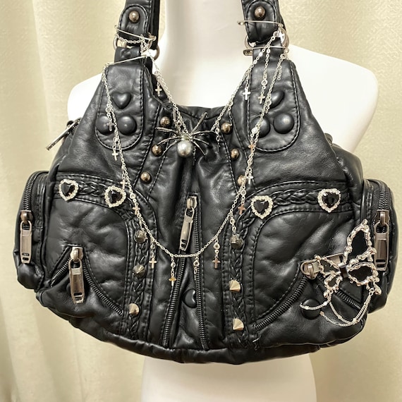 Black Y2k Purse Studded Black Shoulder Bag - Y2K Soft Leather Hobo