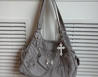 Bolso de hombro gris súper lindo, hecho a mano, estilo Y2K, bandolera, estilo punk, gótico, para mujer y niña, ideal para fiestas.