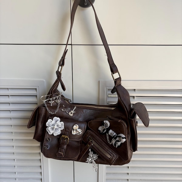 Y2K leather shoulder bag handmade remake bag punk bag unique bag handbag crossbody bag cute purse for women girl party travel