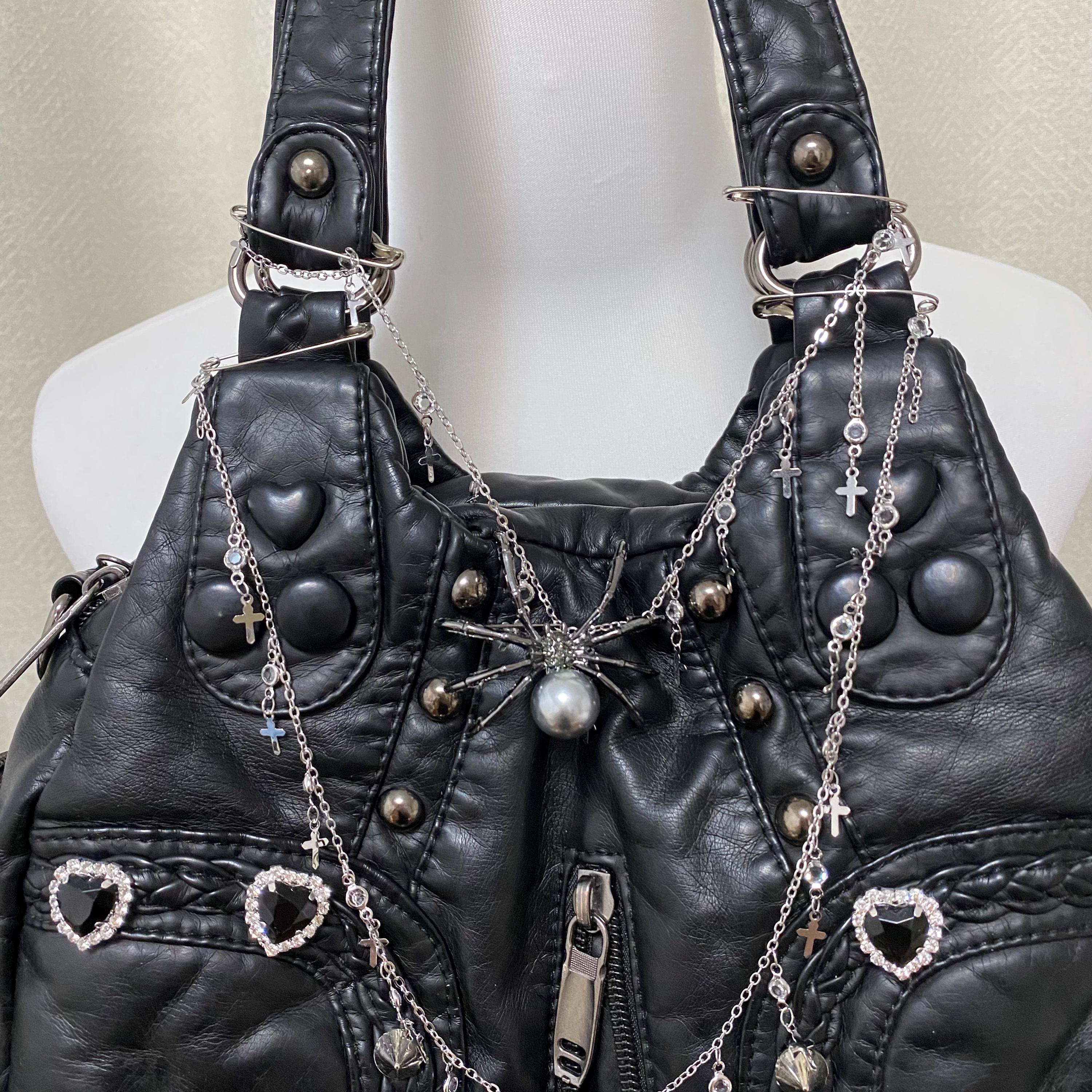 Y2K Handmade Shoulder Bag Punk Leather Tote Bag Chain Rivet 