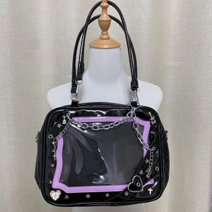 Große ITA Handmade Tasche Remake Handtasche Lila Farbe Nieten Kette Vintage Punk Rock Handtasche Fenstertasche DIY y2k Tasche für Mädchen Pin Display Tasche