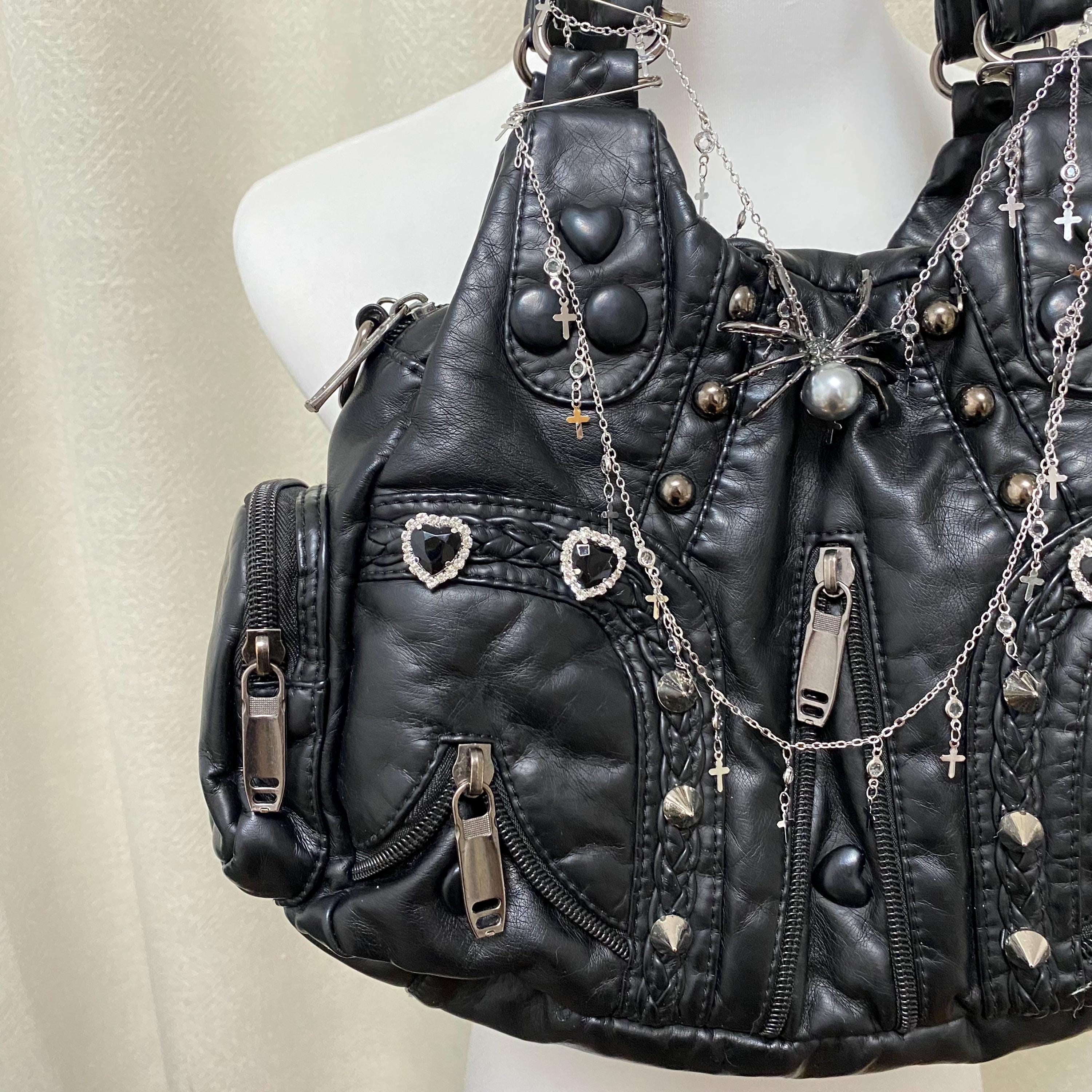 Y2K Handmade Shoulder Bag Punk Leather Tote Bag Chain Rivet