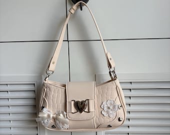 super cute handmade remake off-pink color shoulder bag handbag y2k bag mini tote bag cute purse leather bag for women girl party
