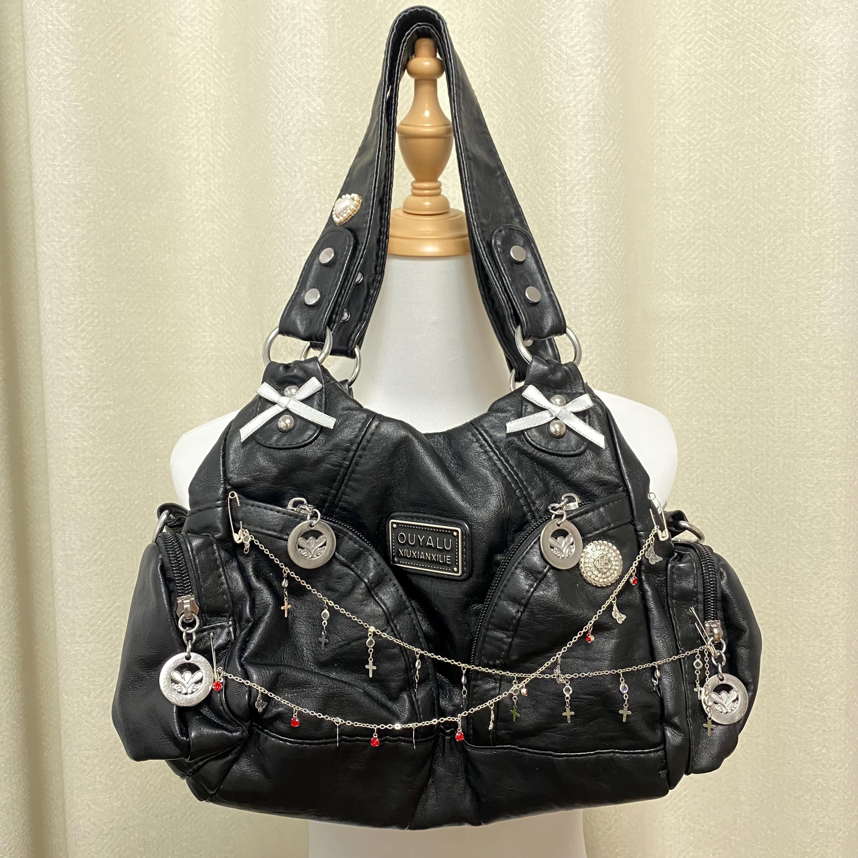 バッグ 00s leather design handbag y2k Y2K Remake Handmade Tote Bag Punk Leather Bag Crossbody Bag