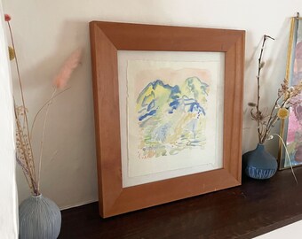 Bellissimo dipinto acquerello quadrato 'Paesaggio greco' con cornice in legno massiccio. Unico dell'artista di Brighton. (M.A. Fine Art) Pronto per essere appeso.