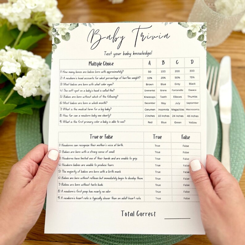 Baby Trivia Game, Fun Baby Shower Game, Printable Baby Quiz, Eucalyptus