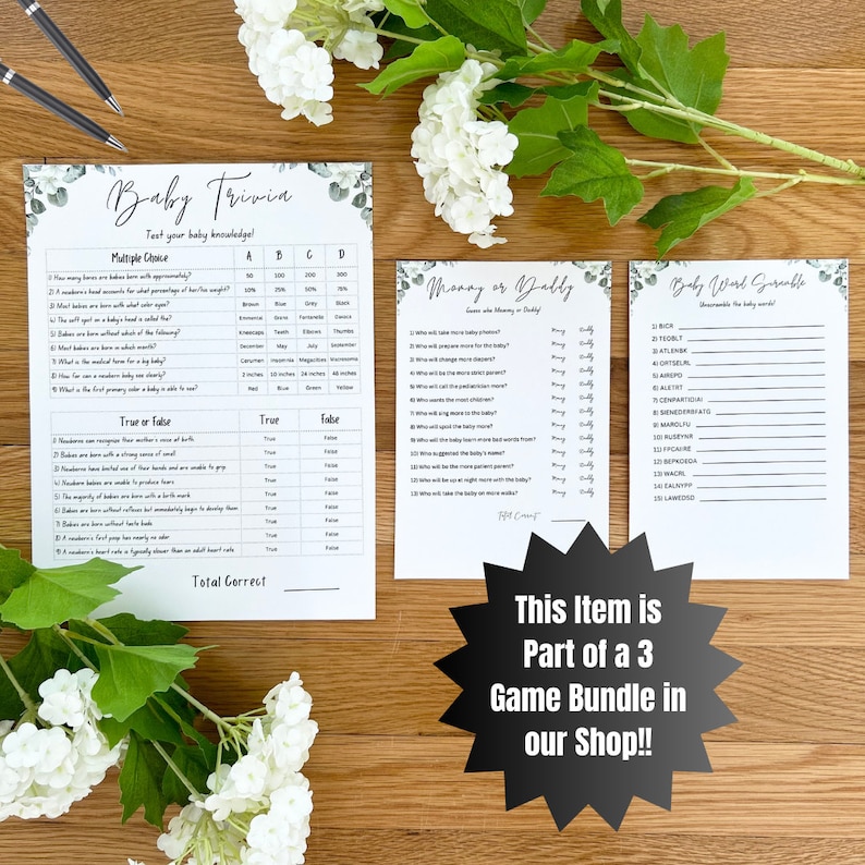 Baby Trivia Carte Da Gioco Per Baby Shower – 30 Schede + Risposte, Formato 12,7x17,8 Cm, Verde Muschio, Rivelazione Genere - 2