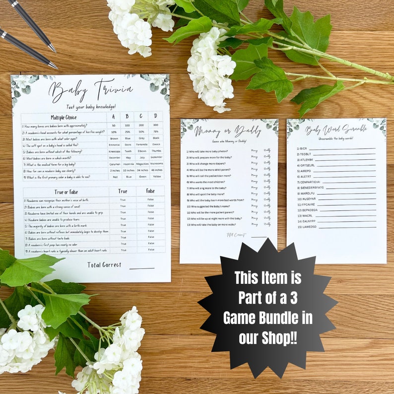 Baby Trivia - Carte Da Gioco Per Baby Shower, 30 Pezzi 12,7x17,8 Cm, Gioco Rivelazione Genere, Bomboniere Verde Muschio