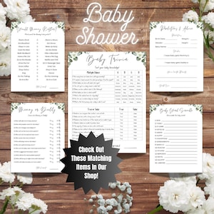 Puede incluir: Un conjunto de juegos de baby shower imprimibles con un dise&ntilde;o floral verde y blanco. Los juegos incluyen "&iquest;A qui&eacute;n querr&aacute; m&aacute;s mam&aacute;?", "Mam&aacute; o pap&aacute;?", "Baby Trivia", "Predicciones y consejos" y "Baby Word Scramble".
