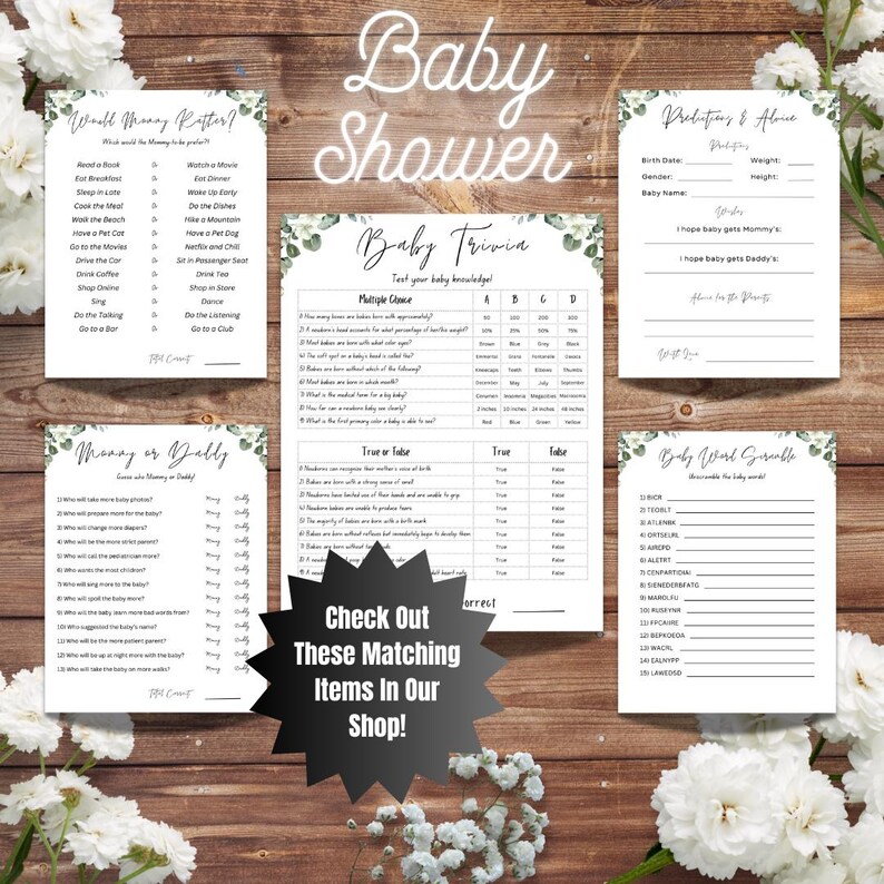 Puede incluir: Un conjunto de juegos de baby shower imprimibles con un dise&ntilde;o floral verde y blanco. Los juegos incluyen "&iquest;A qui&eacute;n querr&aacute; m&aacute;s mam&aacute;?", "Mam&aacute; o pap&aacute;?", "Baby Trivia", "Predicciones y consejos" y "Baby Word Scramble".