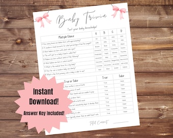 Baby Trivia Game Baby Shower Trivia Bow Baby Shower Game Baby Shower Trivia Game Fun Baby Shower Trivia Game Printable Pink Bow Babyshower
