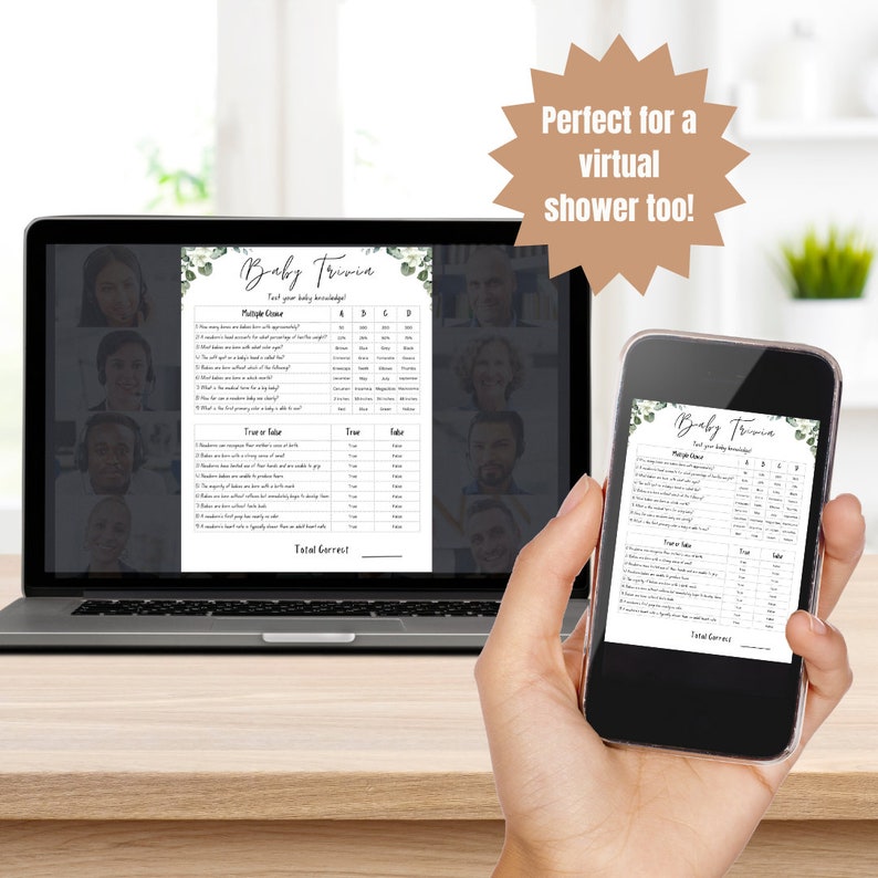 Puede incluir: Un juego de trivia para beb&eacute;s imprimible con un dise&ntilde;o floral verde. El juego incluye preguntas de opci&oacute;n m&uacute;ltiple y preguntas de verdadero o falso sobre beb&eacute;s. El juego es perfecto para una baby shower virtual.