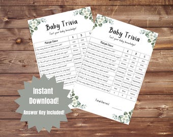 May include: A printable baby trivia game with a floral design. The game has 10 questions with multiple choice answers. The questions test your knowledge of babies. The game includes an answer key.