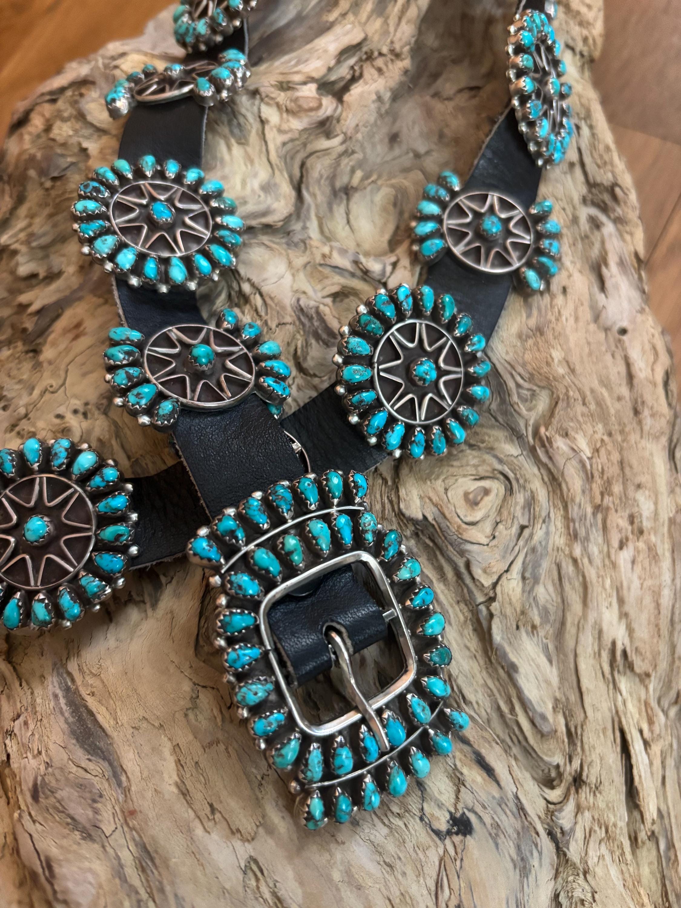 Vintage Navajo Concho Belt Petit Point Turquoise & Sterling 