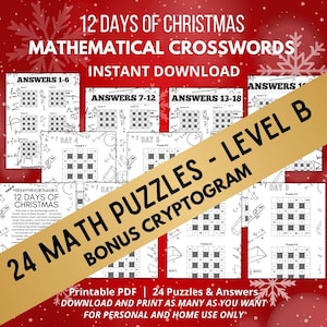 12 Days of Christmas Math Crossword Puzzles: 24 Brain Teasers with Cryptogram (PDF)