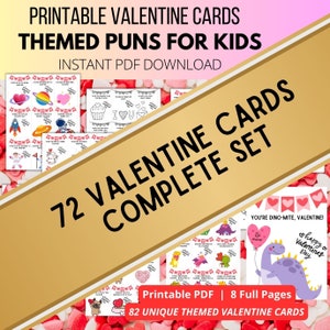 Whimsical Fun Valentine&#39;s Day Cards - 72 Unique Cards With 8 Themes, 8.5x11 & A4 Sizes, Adorably Cute Puns, Perfect for School And Friends