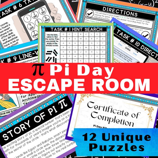 Pi Day Escape Room Pirate Treasure Hunt for Fun Themed Easy Set Up No Prep PDF Printable For Kids 8-12, Teens Logic Puzzles and Math Puzzles