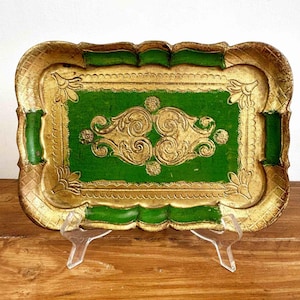 Vintage Small Florentine Wooden Tray Gold Green Gilded Hand Painted Italy 1970s