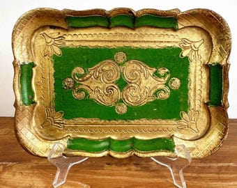 Vintage Small Florentine Wooden Tray Gold Green Gilded Hand Painted Italy 1970s