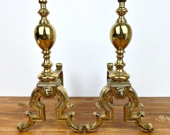 Alari in ottone vintage con leone Art Déco/Supporti per camino in ottone Brevetatto Italia