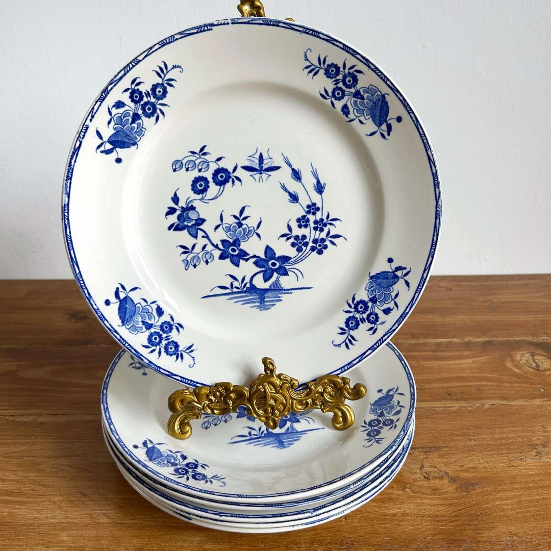 Boch Freresプレート Set of 6 Vintage Boch Frères Plates, Grand Bouquet Blue Floral