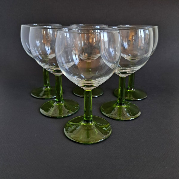 Set of 6 Vintage White Wine Glasses Hand Blown Green Stem Vintage 1970s Barware