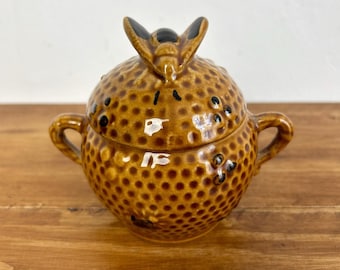 Vintage keramische honingpot met bij op deksel/zeldzame bijenkorfhoningkan jaren 70