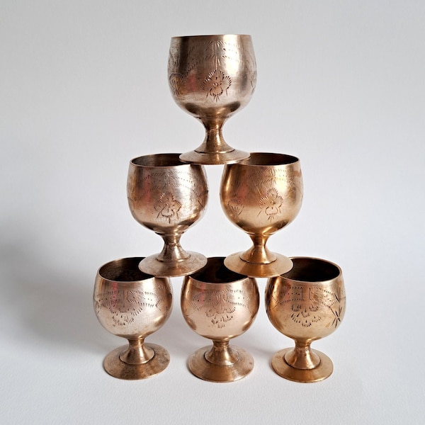 Set 6 Vintage Small Glasses/ Solid Brass Cognac Glasses/ Carved Metal Goblet/ Hand Engraved Floral Design/ Antique silver brass/ Brass Decor