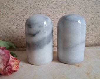 Vintage Marble Salt and Pepper Set/ Gray & White Marble Pepper and Salt Shaker/ Set of 2 / 1970s