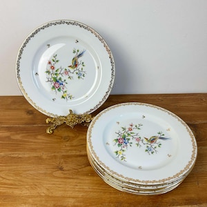 Set of 6 Dinner Plates with Bird of Paradise and Gold Border Limoges France