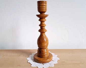 Vintage Carved Wood Candlestick: 70s Boho Decor