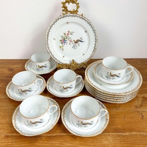 Set of 6 Teacups Limoges France/ Decor with Bird of Paradise and Gold Border