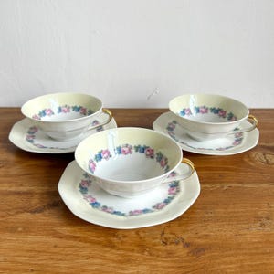 Vintage Set of 3 Tea Cups and Saucers  George Boyer Limoges France/ Antique Limoges French/ Decor with Flowers