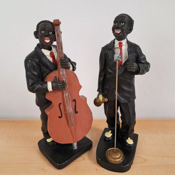 Set Of 2 Vintage American Jazz Player Figurines /Collectable Resin Jazz Band/ Jazz Singer & Double Bass Player /Musician Figurine 1970s