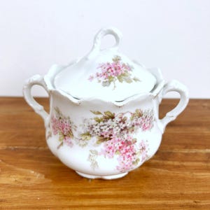 Large Victorian Porcelain Sugar Bowl/ Hand Painted Pink Flowers/ Gold Details Antique Sucrier