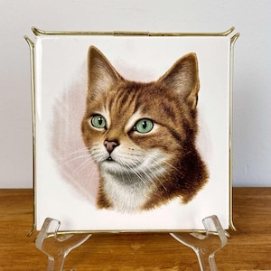 May include: Square ceramic tile featuring a detailed portrait of a cat with brown and tan fur, green eyes, and white whiskers. The tile is set in a gold-colored metal frame and displayed on a clear stand.
