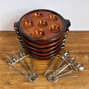 6 Vintage St Clement Escargot Plates French Brown Majolica Ceramic Snail Platters 6 Eternum Stainless Steel Snail Tongs France