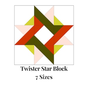 Könnte beinhalten: Ein farbenfroher Quiltblock-Muster namens "Twister Star Block" mit 7 Größen. Der Block zeigt eine Sternform mit abwechselnden roten, rosa, grünen und gelben Dreiecken.