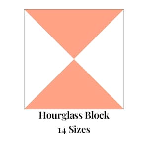 May include: A diagram showing how to make a hourglass quilt block. The block is made up of two triangles, one on top of the other, with the points of the triangles facing each other. The triangles are peach colored and the background is white. The text below the block reads "Hourglass Block 14 Sizes".