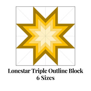 Könnte beinhalten: Ein gelber und brauner Quiltblock mit einem Sternmuster. Das Muster heißt "Lonestar Triple Outline Block" und ist in 6 Größen erhältlich.