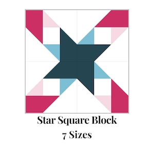 Puede incluir: Un patrón de bloque de colcha con una estrella en azul oscuro, rodeada de triángulos azules claros y rosas sobre un fondo blanco. El texto "Star Square Block 7 Sizes" está debajo del bloque.