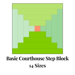 Op de afbeelding: Een quiltblokpatroon genaamd "Basic Courthouse Step Block" met 14 maten. Het blok is gemaakt van groene, lichtgroene en oranje vierkanten.