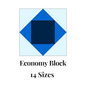 May include: A blue and white quilt block with a dark blue square in the centre. The block is called an "Economy Block" and is available in 14 sizes.