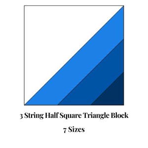 Könnte beinhalten: Ein quadratischer Quiltblock mit weißem Hintergrund und einem diagonalen Design in drei Blautönen. Der Text darunter lautet "3 String Half Square Triangle Block" und "7 Sizes".